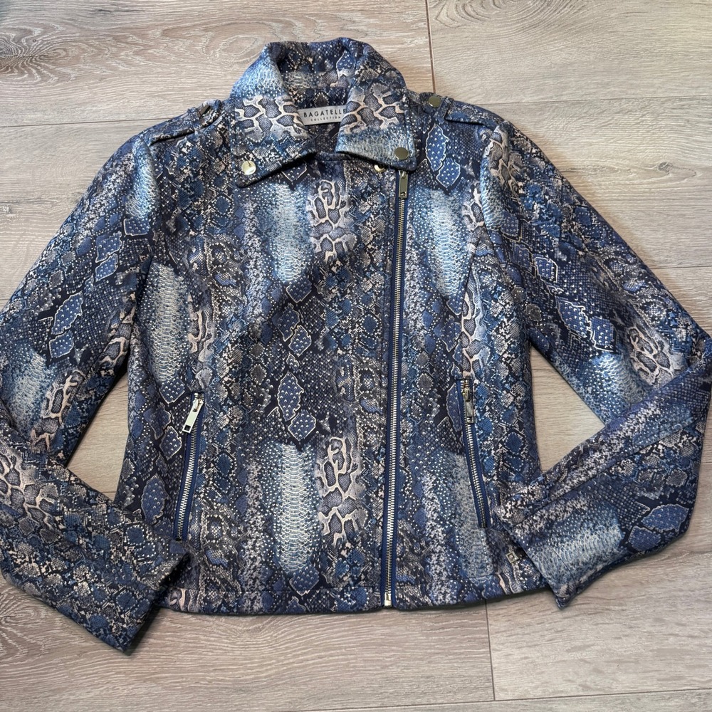 Bagatelle Collection Blue Snakeskin Moto Jacket Faux Suede Python Print XSmall